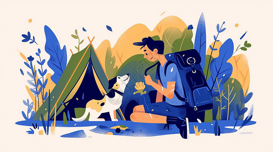 露营的卡通男人与宠物狗背景图片