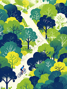 春天在森林中骑车的人物卡通插画背景图片