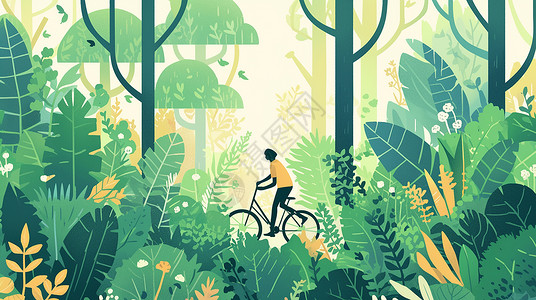 森林中骑行的卡通人物背景图片