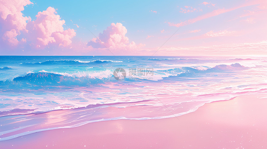 海边浪漫的粉色卡通沙滩唯美卡通风景图片