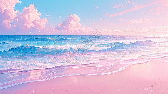 海边海浪海边浪漫的粉色卡通沙滩唯美卡通风景插画