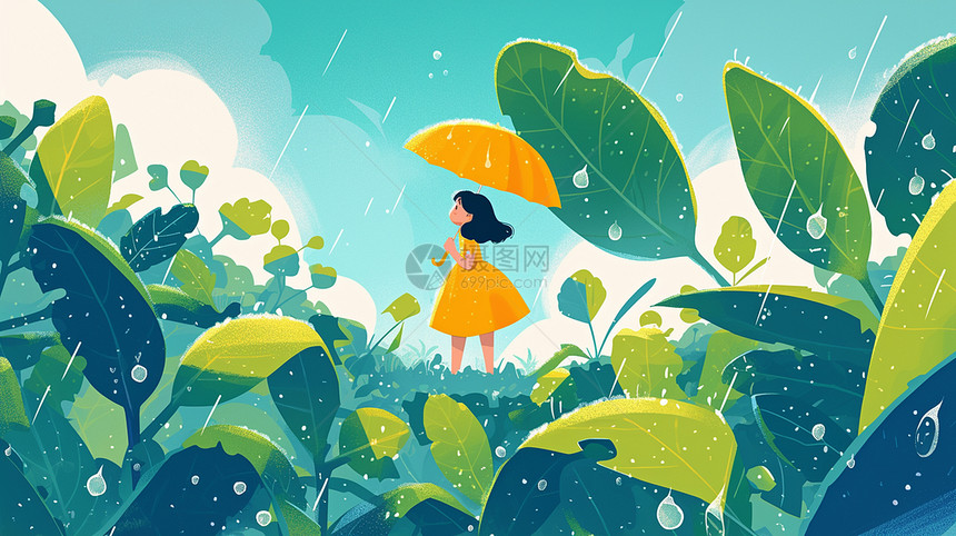 春天手拿绿叶挡雨的卡通小女孩图片