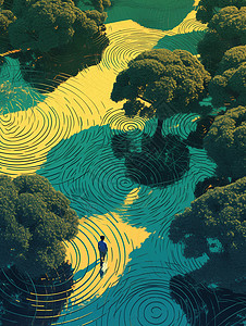 复古绿色调神秘超现实迷宫卡通森林背景图片