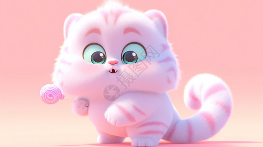 毛茸茸淡粉色手拿棒棒糖的可爱卡通小老虎背景图片