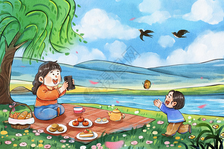 手绘水彩春分妈妈和孩子一起野餐治愈系插画高清图片