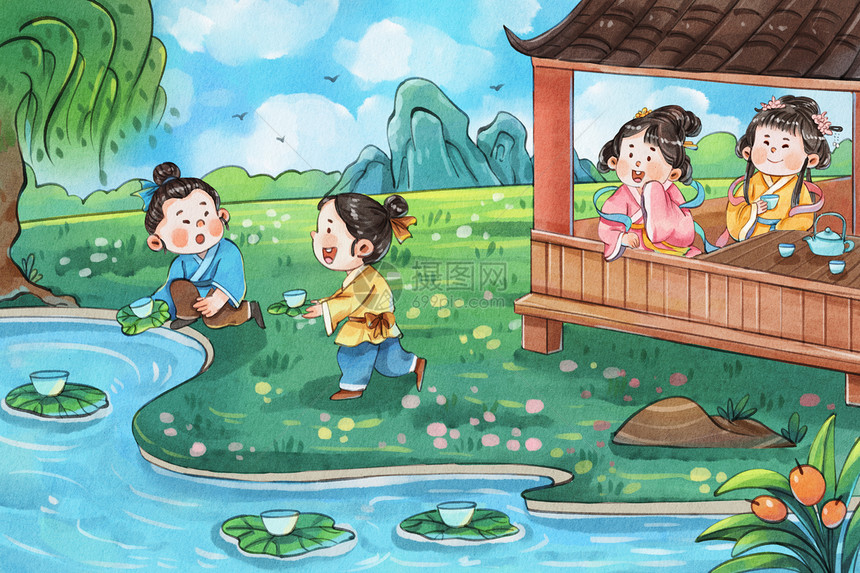 手绘水彩上巳节之大家春游曲水流觞插画图片