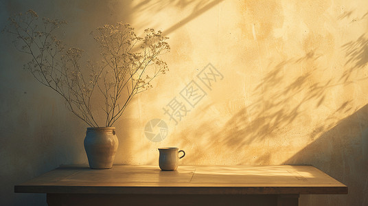 静物拍摄场景阳光照进房间木桌上放着干花与杯子简约静物插画插画