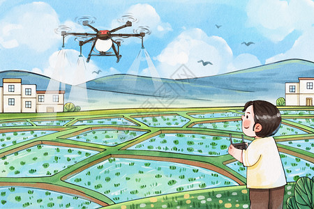 无人机喷药手绘水彩之新农村无人机打药插画插画