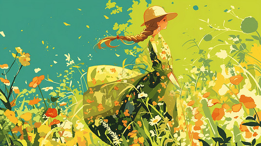 一个小清新卡通小女孩在花丛中赏花背景图片
