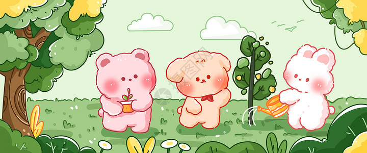 种树的小熊卡通小动物植树节横版Banner插画