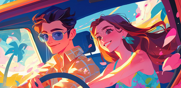 潮流男女戴着墨镜一起开车旅行时尚的卡通青年男女插画