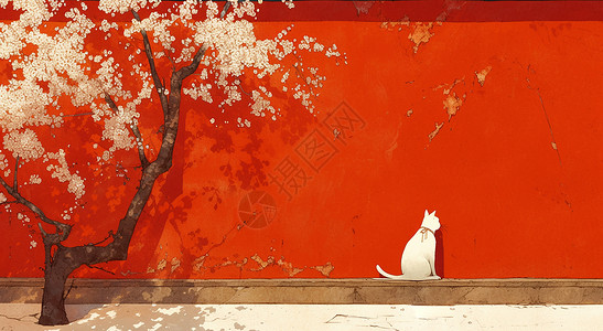 开花树春天红墙下晒太阳的卡通小白猫背影插画