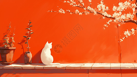 开花过程春天晒太阳的卡通小白猫背影插画