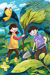 手绘风植树节种树男孩女孩插画背景图片