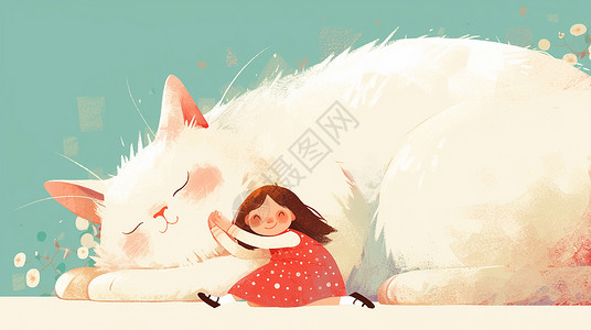 巨型猫依偎在白猫身旁可爱的卡通小女孩儿童插画插画