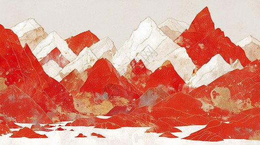 风景红红色超现实的卡通山川插画