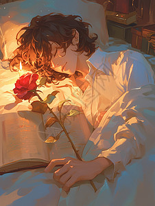 单手拿书素材手拿玫瑰花躺在床上睡觉的卡通人物插画
