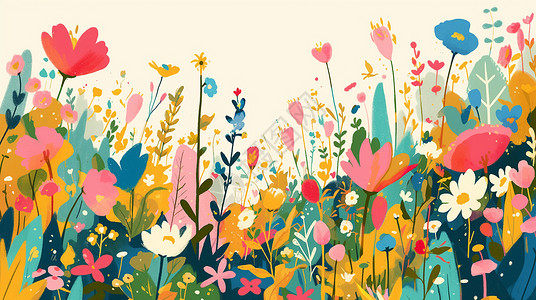 春天开满花朵的卡通草地扁平风卡通风景背景图片