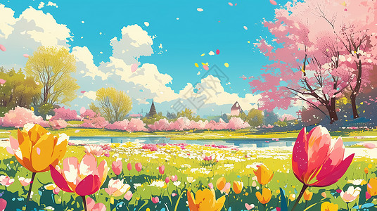 春天盛开着很多美丽的卡通花朵背景图片