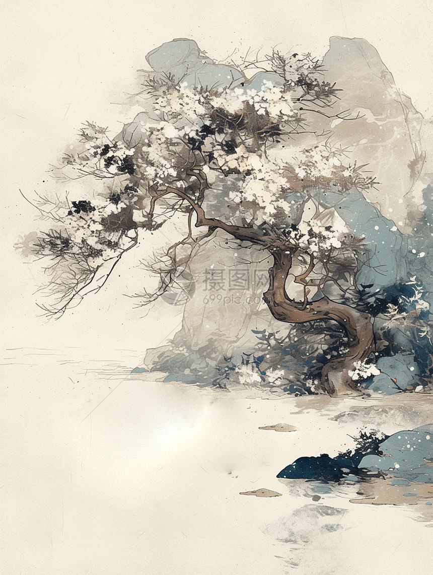 复古中国风水墨画唯美的卡通风景图片