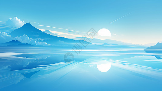 蓝色调抽象的卡通山川风景高清图片