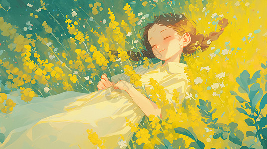 女孩躺着春天穿白色裙子躺在花丛中小清新的卡通女孩插画