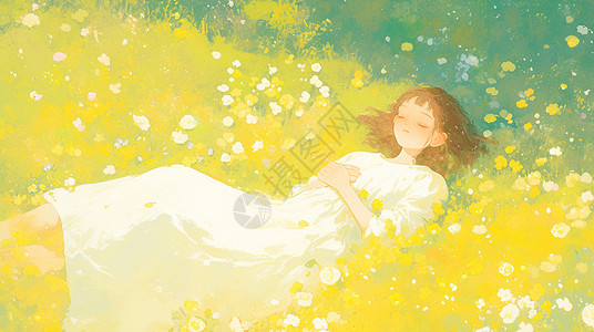 春天穿白色裙子躺在花丛中小清新的卡通女孩高清图片