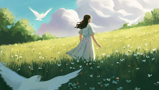 少女旅行漫步在春风里插画