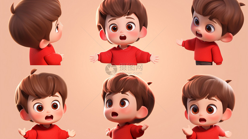 红色T恤的卡通小男孩各种角度与动作图片