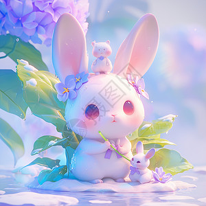 春天欣赏风景的可爱卡通小白兔背景图片