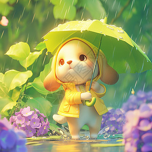 穿着黄色外套打着雨伞在雨中的眼神忧郁的卡通小黄狗背景图片
