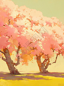 暖粉色调背景卡通粉色唯美卡通树林风景插画
