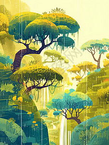 嫩绿色奇幻的卡通森林背景图片