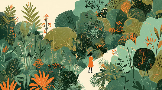 森林中散步的卡通女孩背景图片