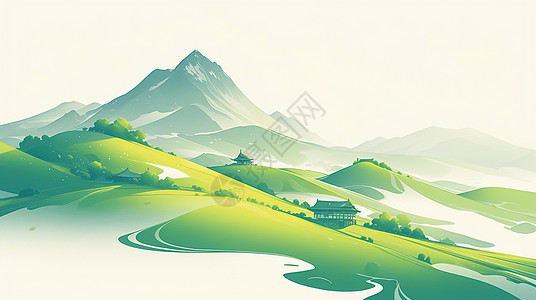 大气合成图绿色简约大气的山川唯美卡通风景插画