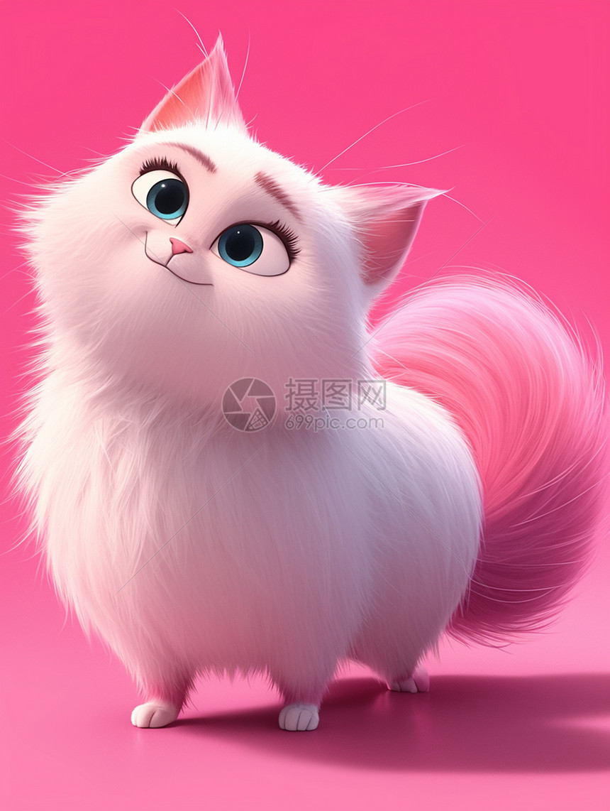 粉色背景毛茸茸可爱的卡通宠物猫图片