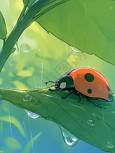 雨中在树叶上的一只卡通七星瓢虫背景图片