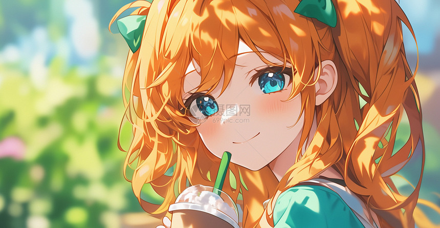 橙色头发喝橙汁可爱的卡通小女孩图片