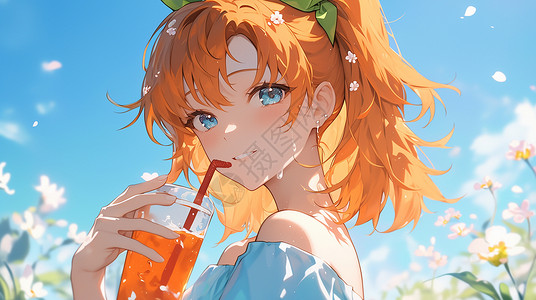 小女孩喝橙汁喝饮料的橙色长发可爱卡通小女孩插画