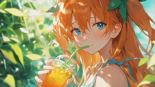 小女孩喝橙汁蓝天白云下喝饮料的长发可爱卡通小女孩插画