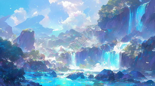 梦幻山中的卡通瀑布唯美蓝色调卡通插画背景图片