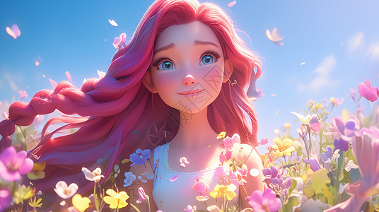 春天在花园中赏花的粉红色长发卡通小公主背景图片