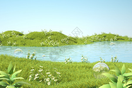 春季草地水面背景图片