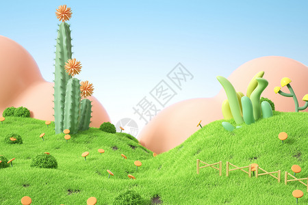仙人掌雀春季草地场景设计图片