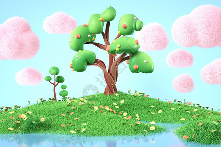 植树节手抄报春季树木云朵背景设计图片