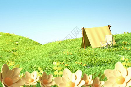 露营做饭春季草地露营背景设计图片