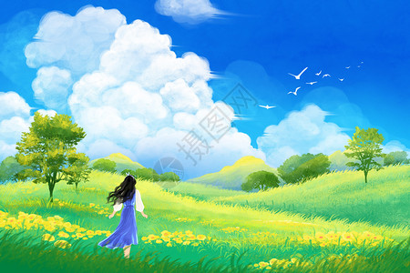 春天的云朵手绘治愈系少女春游踏青野花云朵场景插画插画