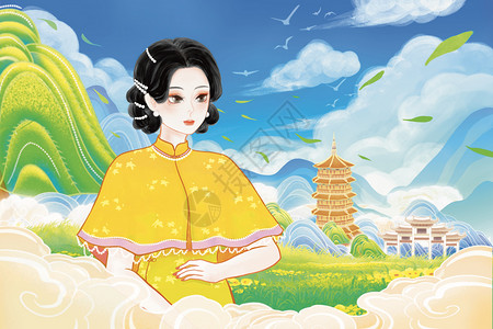 中国风旗袍古风美人踏春古建筑山水野花场景插画图片