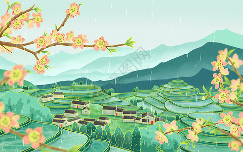二十四节气谷雨梯田绿色国潮手绘插画桃花村庄背景图片