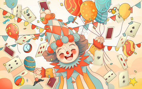 愚人节小丑扑克牌气球彩带暖色可爱卡通手绘插画背景图片